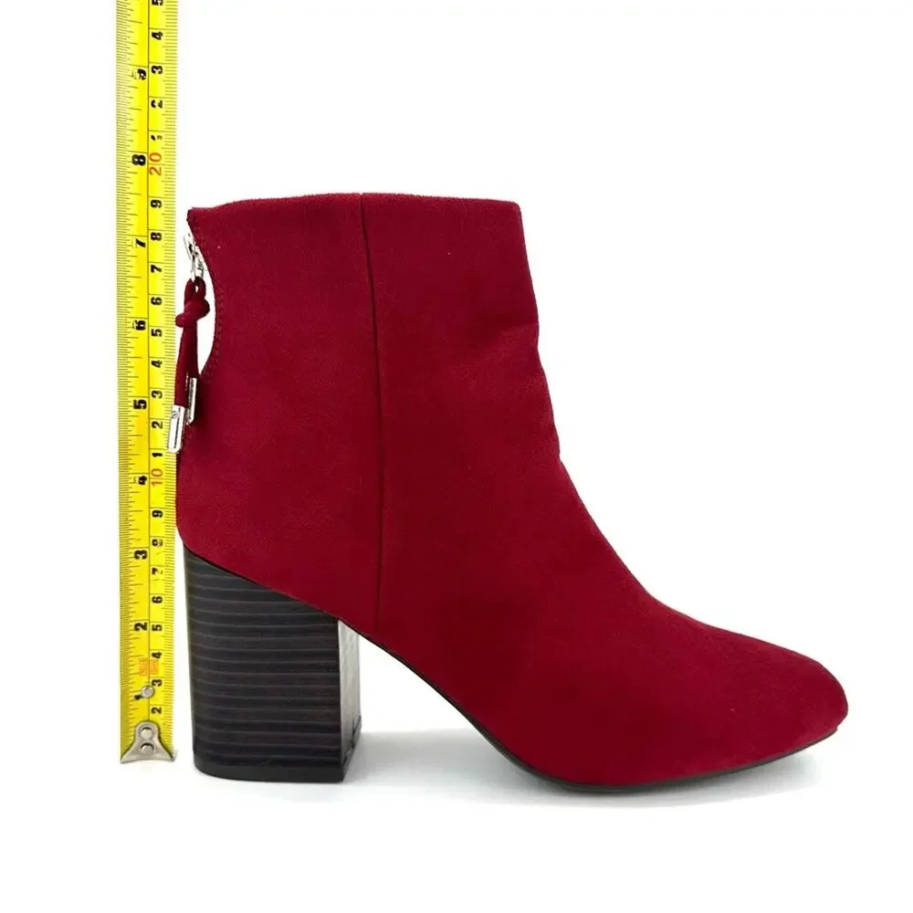 Journee Collection Red Block Heel Ankle Boot Size 7.5 Faux Suede Round Toe New